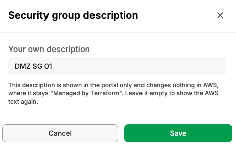 Input field for custom security group description in AWS management interface.